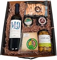 Regalo Caja Picoteo 11 - Vino montequinto crianza, quesos en cuña y para Untar, paté de jamón, Aceitunas y colines.