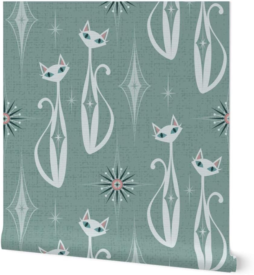 Peel & Stick Wallpaper 12ft x 2ft - Diamond Cats Vintage Retro Mint Cat Kitty 1950S Custom Removable Wallpaper by Spoonflower