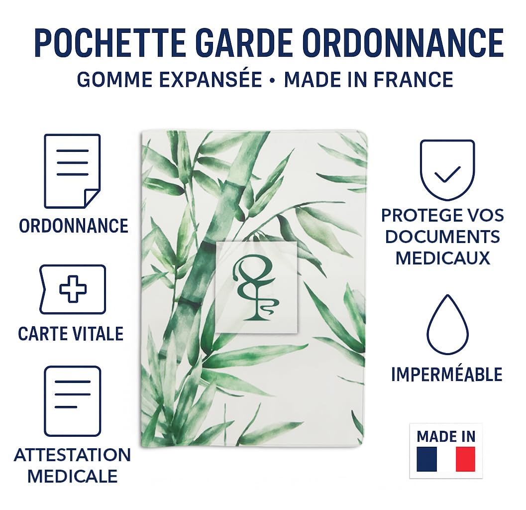 nemau - Pochette Garde Ordonnance - Gomme Expansée - Fabriqué en France - Étui pour Ordonnance, Feuilles de Soins, Carte Vitale, Carte Mutuelle, Carte d’Assurance Santé - Modèle Bambou