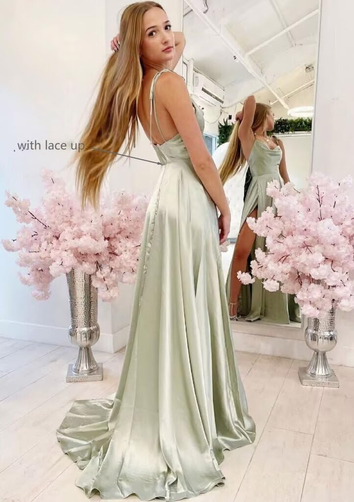 FOOHJMH Long Bridesmaid Dress for Wedding Satin Prom Dresses Lace Up Evening Party Gowns