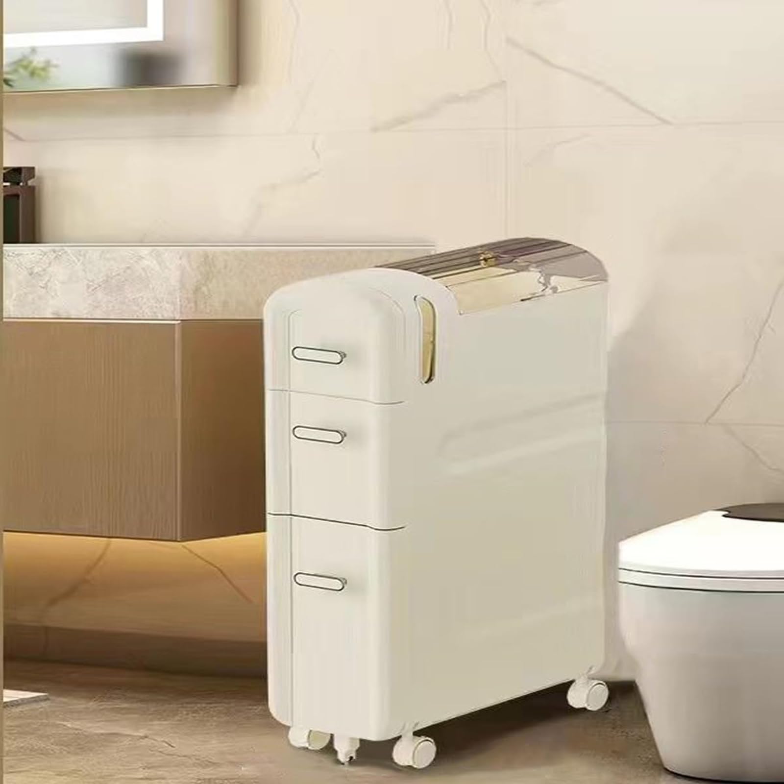 Bathroom Gap Storage Box Slim Toilet Paper Storage Cabinet 7Inch with Clear Drawers and Casters for Kitchen, Bathroom, Laundry,A,3 Tier