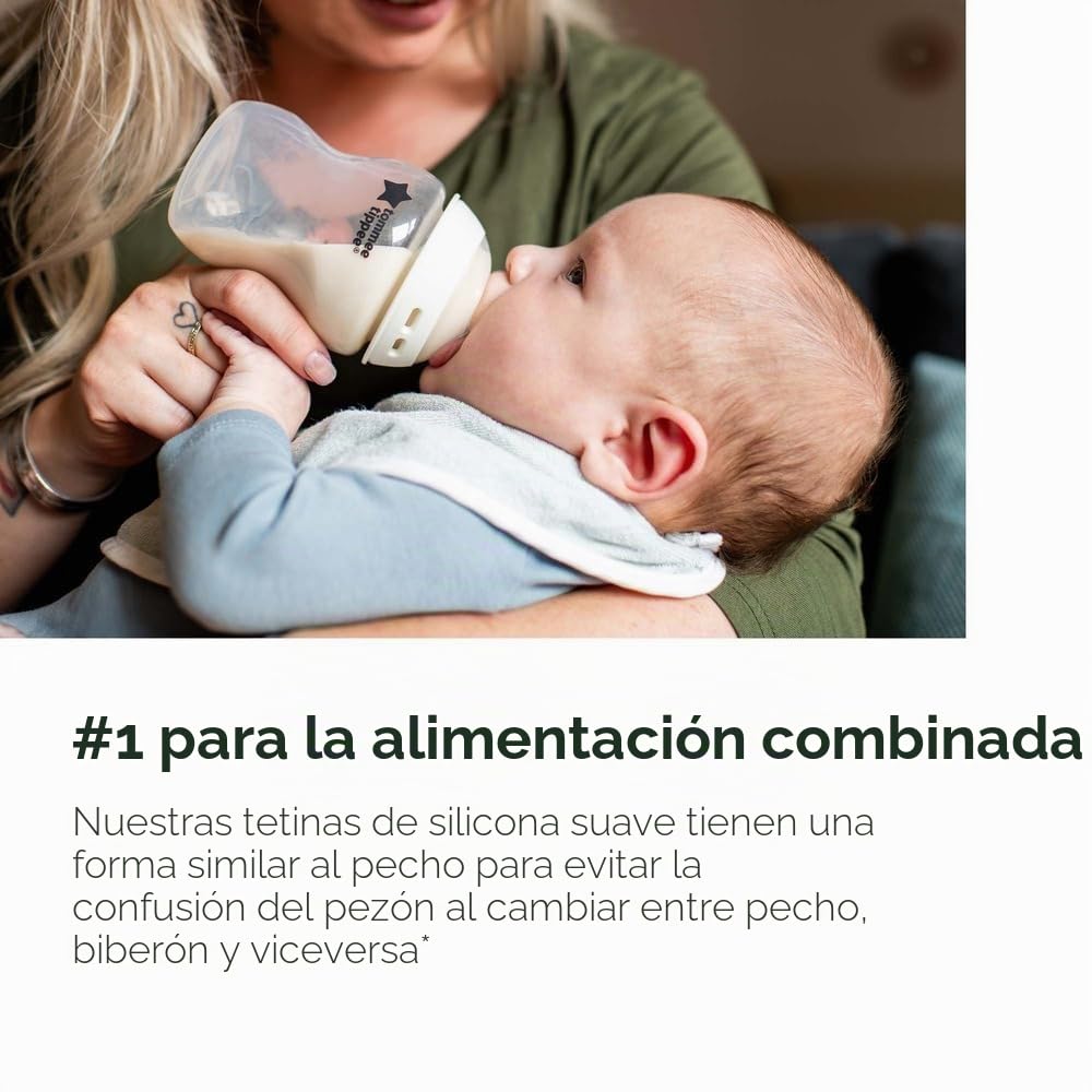 Tommee Tippee Natural Start - Tetinas para biberón, flujo rápido, más de 6 meses, similar al pecho para un cierre natural, válvula anticólicos, silicona suave, paquete de 2