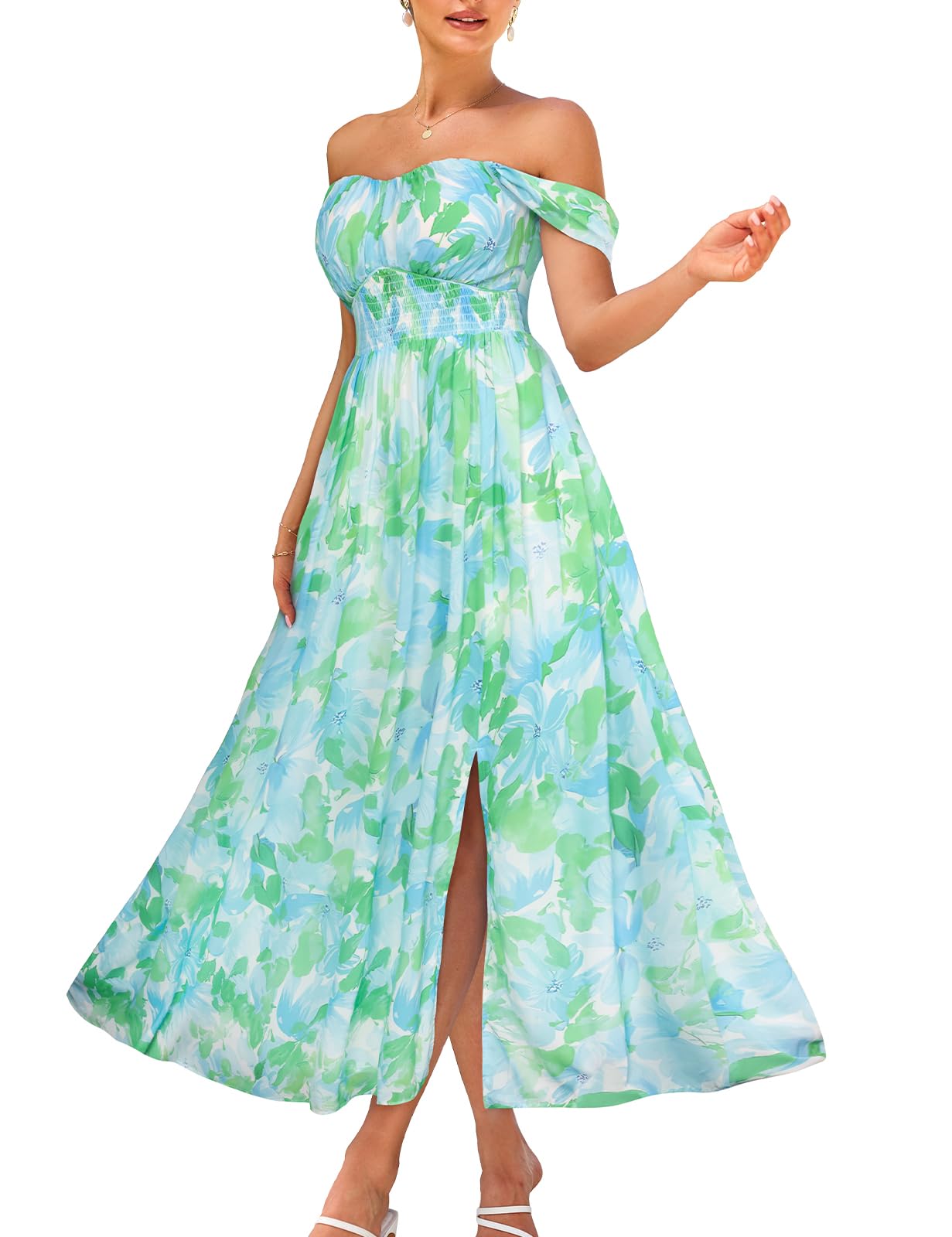GRACE KARIN 2026 Women's Summer Floral Wedding Guest Dress,Beach Flowy A Line Maxi Off Shoulder Bridesmaid Dresses