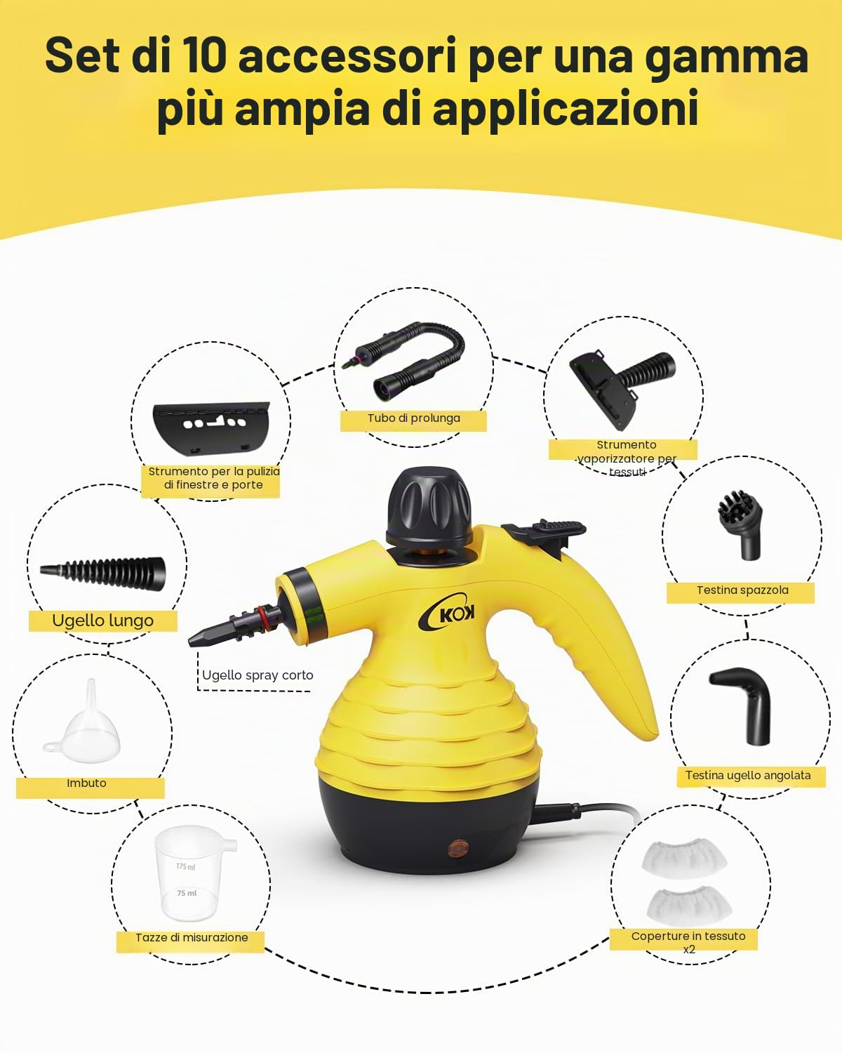 KOK Pulitore a vapore portatile, Pistola a Vapore, pulitore a vapore multiuso ad alta temperatura con 10 accessori, per cucina, bagno, pavimenti, interni auto, pulizia senza sostanze chimiche