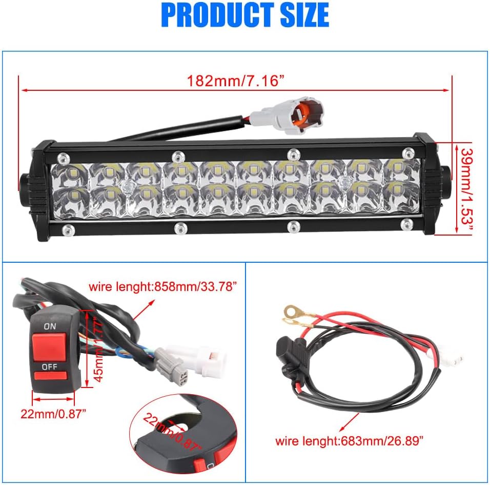 Dirt Bike Light Bar Headlight Motorcycle LED ATV Light ON/OFF Switch 60W Kit for CRF110 KLX110 TTR110 YZ250F Motocross Light ATV Headlight Assembly Part for Most 7/8" Handlebars with Mounting Brackets