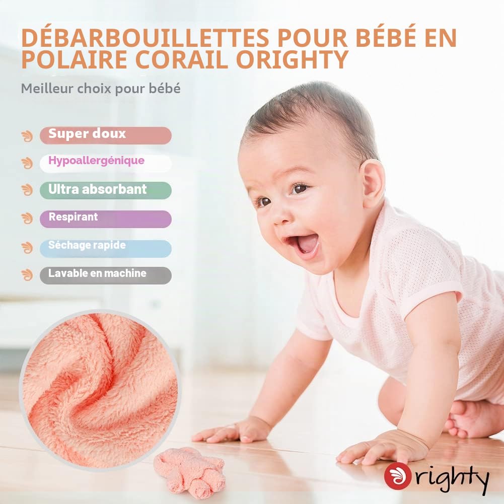 Orighty Lot de 50 serviettes de bain pour bébé en microfibre polaire corail, douces et absorbantes pour nouveau-né, pour peau sensible du visage, des mains et du corps, 17,8 x 22,9 cm