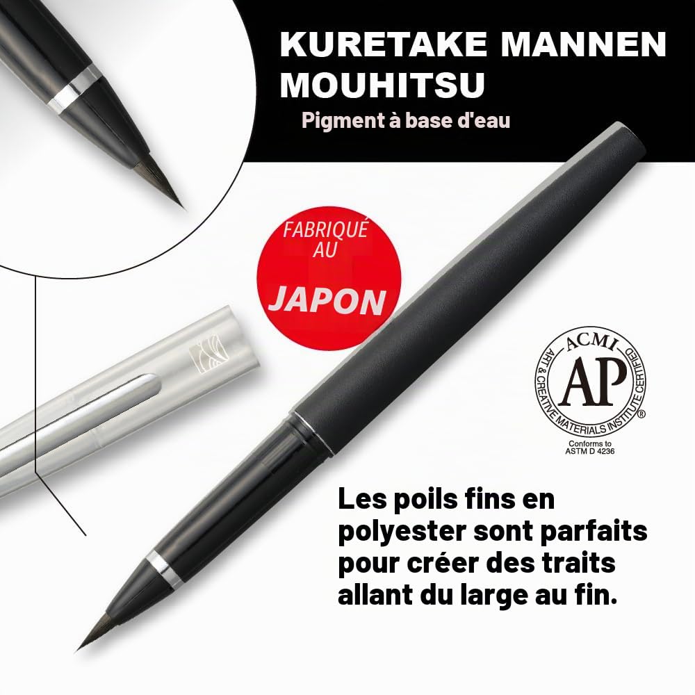Kuretake MANNEN MOUHITSU Fude Brush Pen (No.13) Black body with Spare Cartridge, Black ink, Flexible Tip for kanji, lettering, calligraphy, Art Drawing, Made in japan