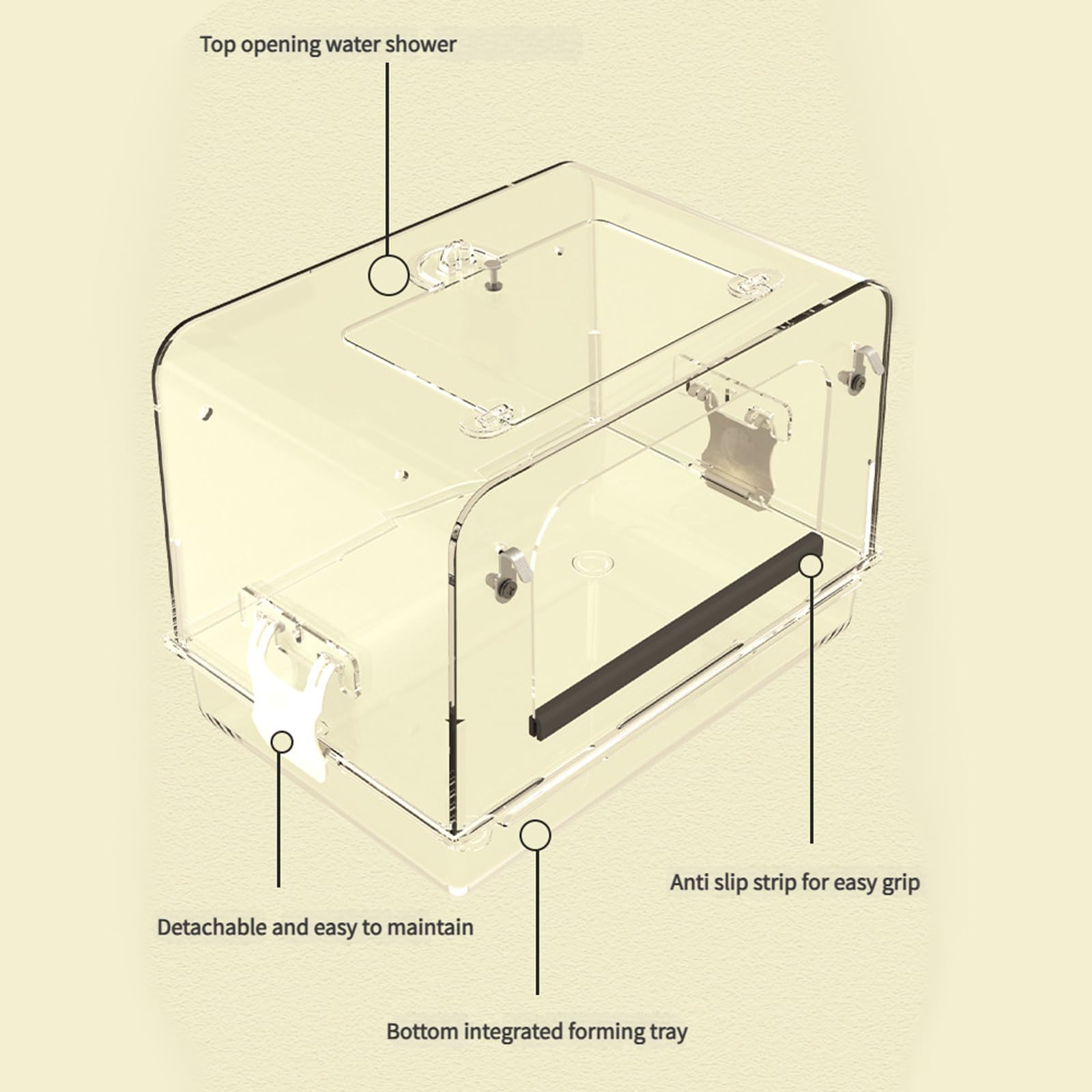 Caja de ducha para loros, bandeja de alimentación para periquitos, cacatúas, tortolitos, tina de baño interior, cuenco seguro para pájaros para cacatúas