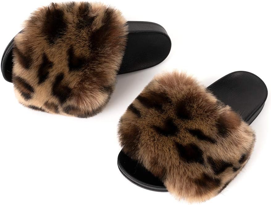 FUNKYMONKEY Women's Slides Faux Fur Cute Slip On Fuzzy Slippers Comfort Flat Sandals - Image 5