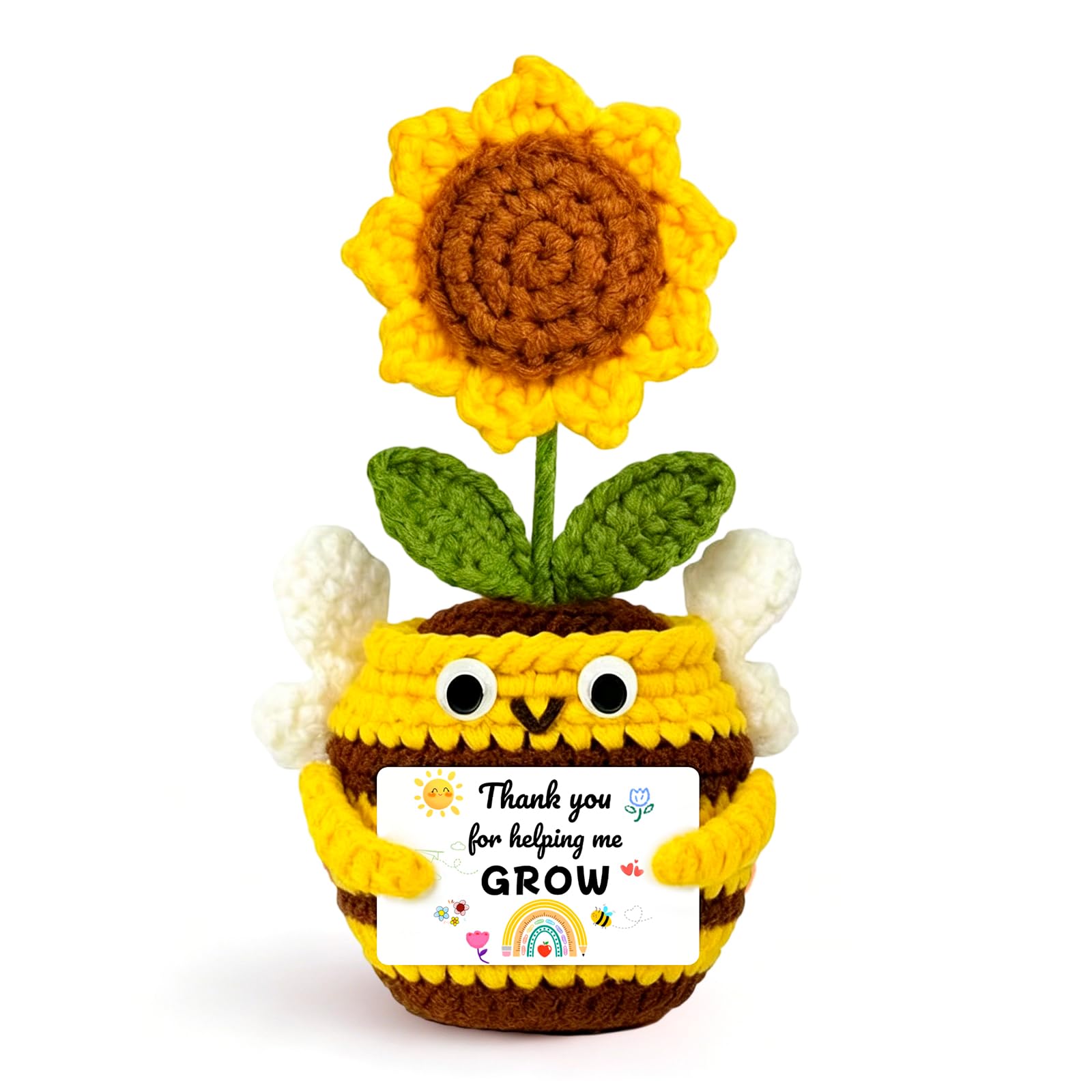poweybshin Handmade Crochet Sunflower Bee Pot - Thank You for Helping Me Grow - Unique Teacher Gifts for Women & Teachers Gifts - Thank You Teacher Gifts for Nursery Primary ThanKyou Presents