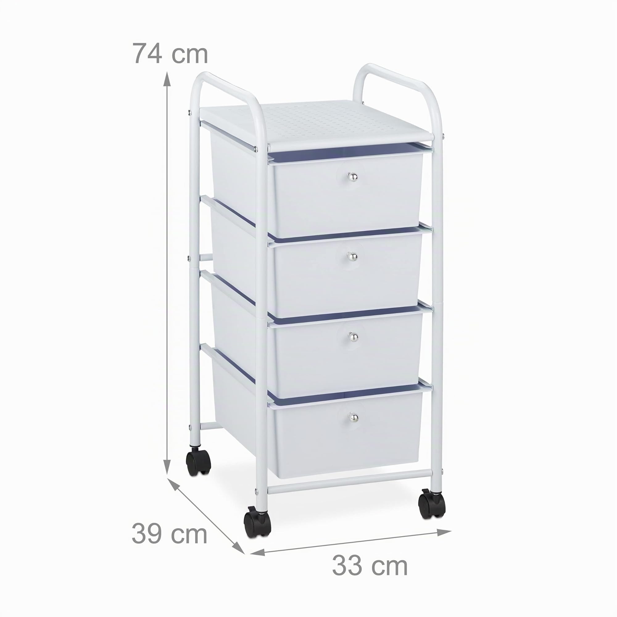 Relaxdays Carrito Auxiliar, 4 Cajones, Metal y Plástico, Carro con Ruedas para Baño, Cosméticos, 74 x 33 x 39 cm, Blanco