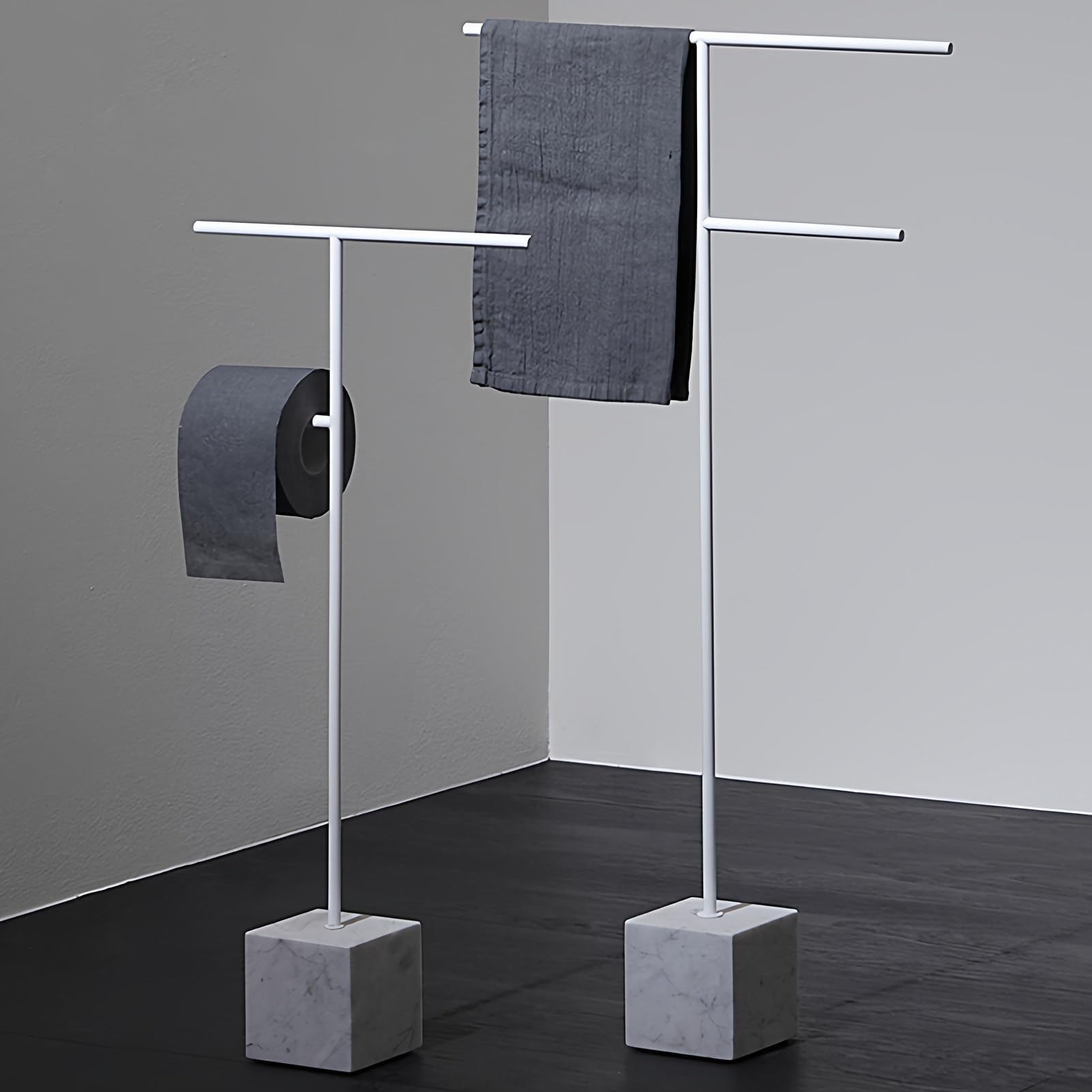 Supporto porta carta igienica con base in acciaio e marmo | Bianco e Nero, 65,5x14 cm e 80x45 cm: Bagno, Ufficio, Camera da letto, Soggiorno(White,65.5x14cm)