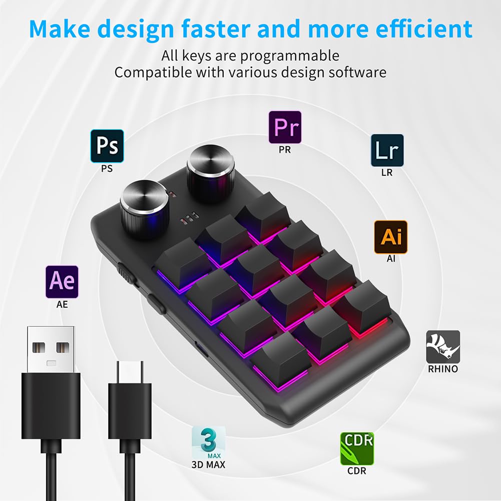 Tastiera USB Programmabile - Tastiera Meccanica A 2 Tasti | Tasti Macro Di Programmazione Interruttore Rosso Retroilluminato Con Cavo USB Tipo C Da 4,9 Piedi, Tastiera Per Scelta Rapida E Uso Ver