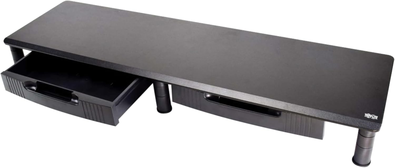 TRIPP LITE Dual-Monitor Riser Stand with Storage Drawers, Black Wood & Steel Desk Organizer for 2 Screens, Adjustable Height | Computer, Laptop, PC, & TV Shelf Stand | 5-Year Warranty (MR4011DTAA)