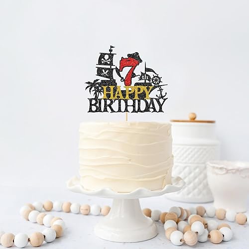 Miniatura 5 de Maicaiffe Decoración para tartas de barco pirata náutico, decoración de fiesta de cumpleaños para niños, purpurina negra