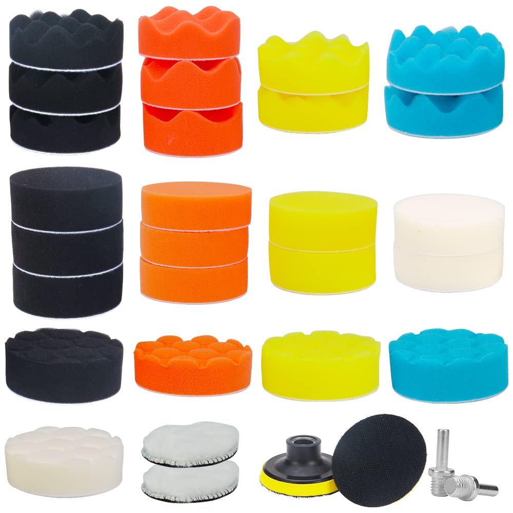 SIFANG 80mm Polierschwämme Pads, 31 Stück Polieren Pad Schwamm Set mit Polierpad und Polierfell Polierset Polierteller Kit Für Poliermaschine