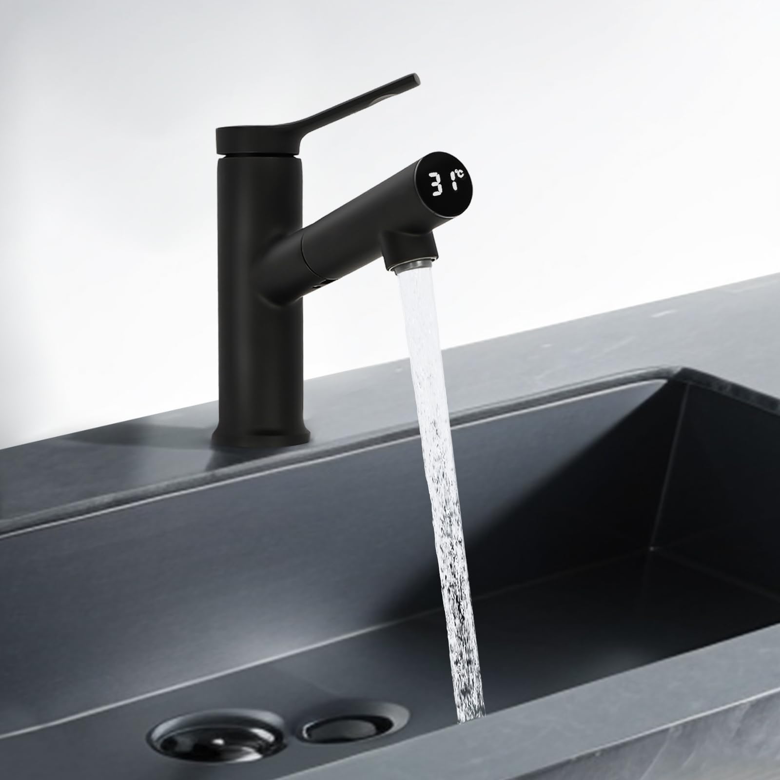 Grifo extensible con indicador de temperatura LED de latón, cartucho cerámico G1/2, monomando para agua fría y caliente, antigoteo para baño, lavabo, cocina, hotel, oficina (negro)