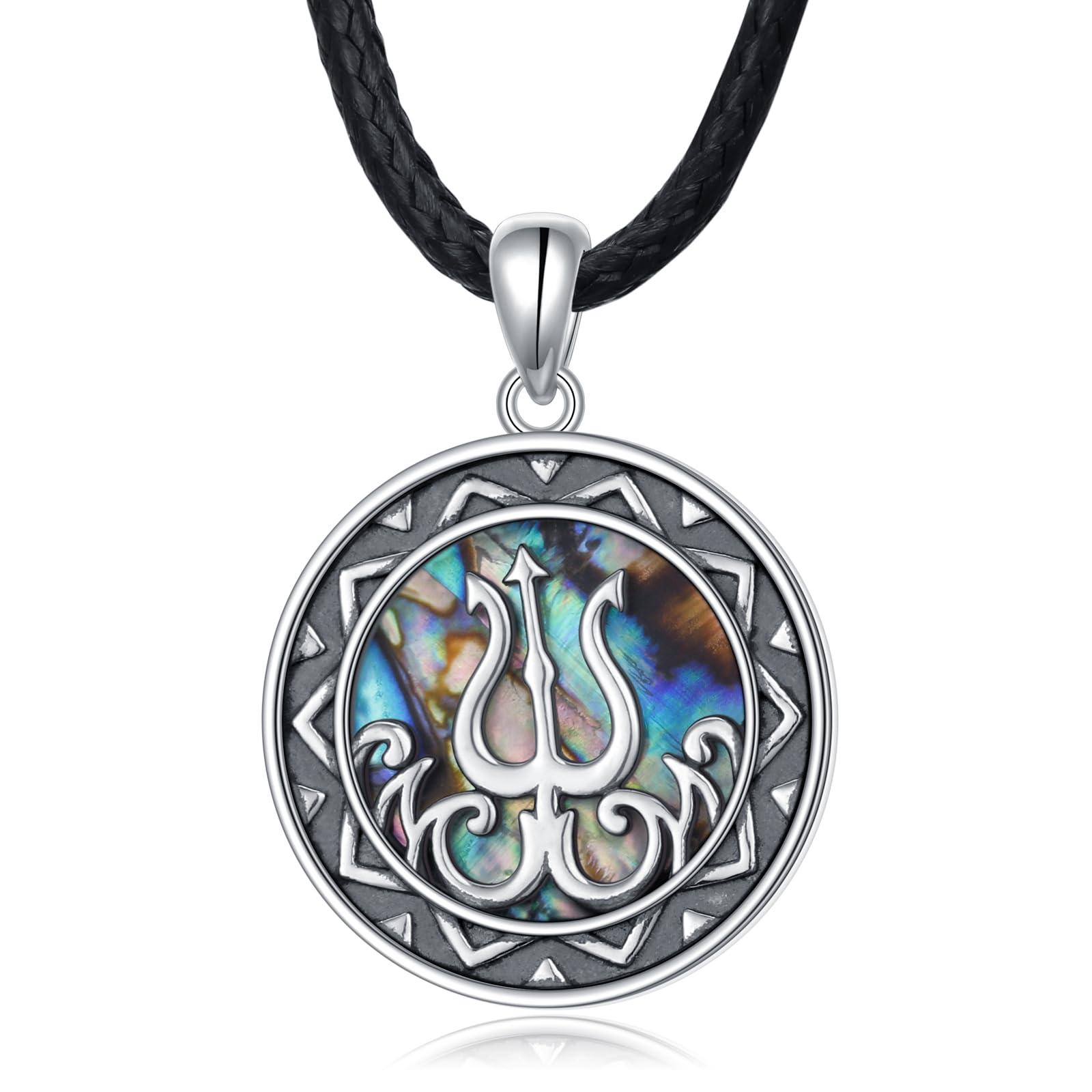Alphm 925 Sterling Silver Sun/Poseidon Trident Necklace Abalone Shell God of Sun/Sea Pendant Necklace Greek Jewelry for Women Men
