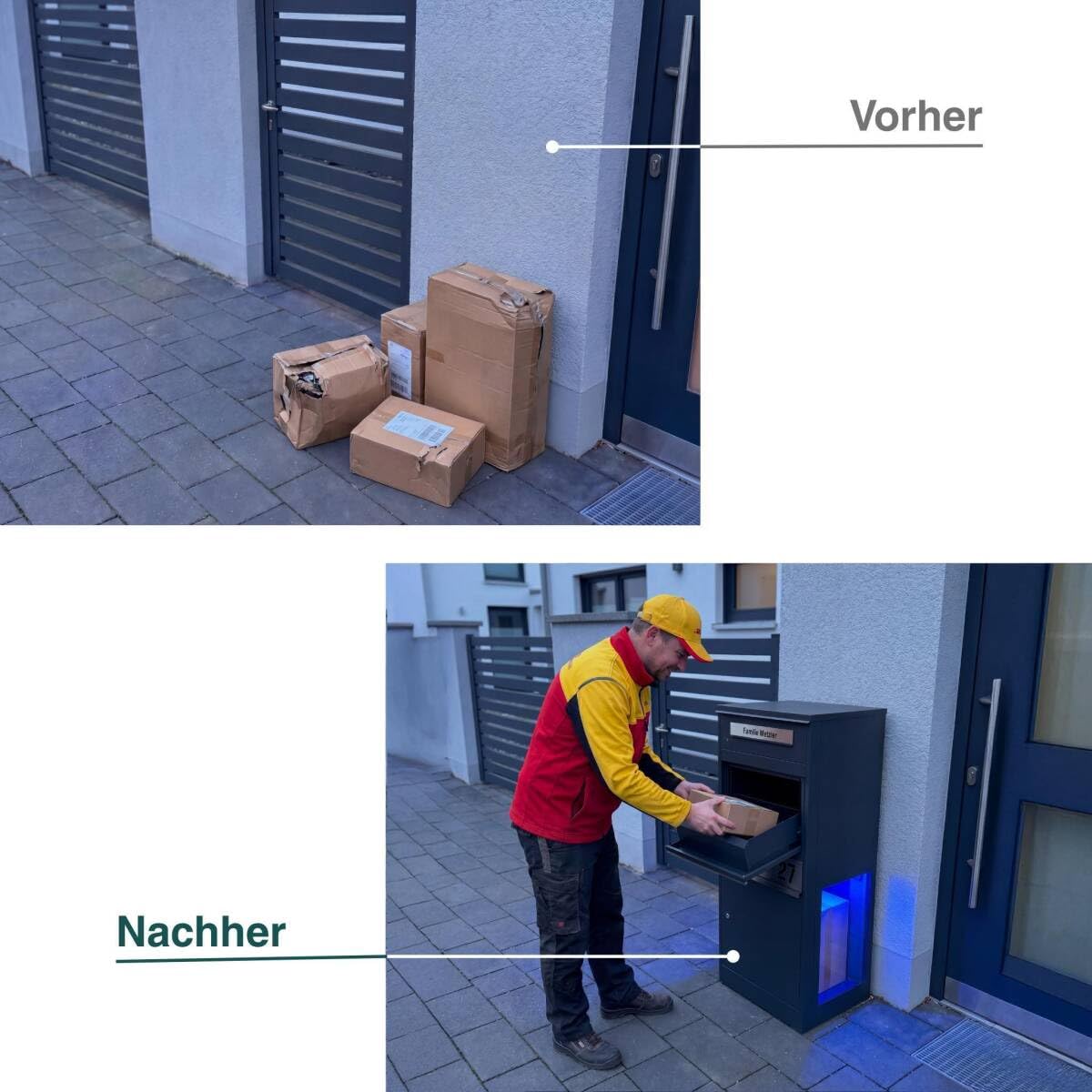 Metzler Paketbox mit Briefkasten | Paketbriefkasten mit LED | seitliche Sichtfenster | Paketkasten personalisiert mit Gravur | RAL 7016 Anthrazit | Bispo 2