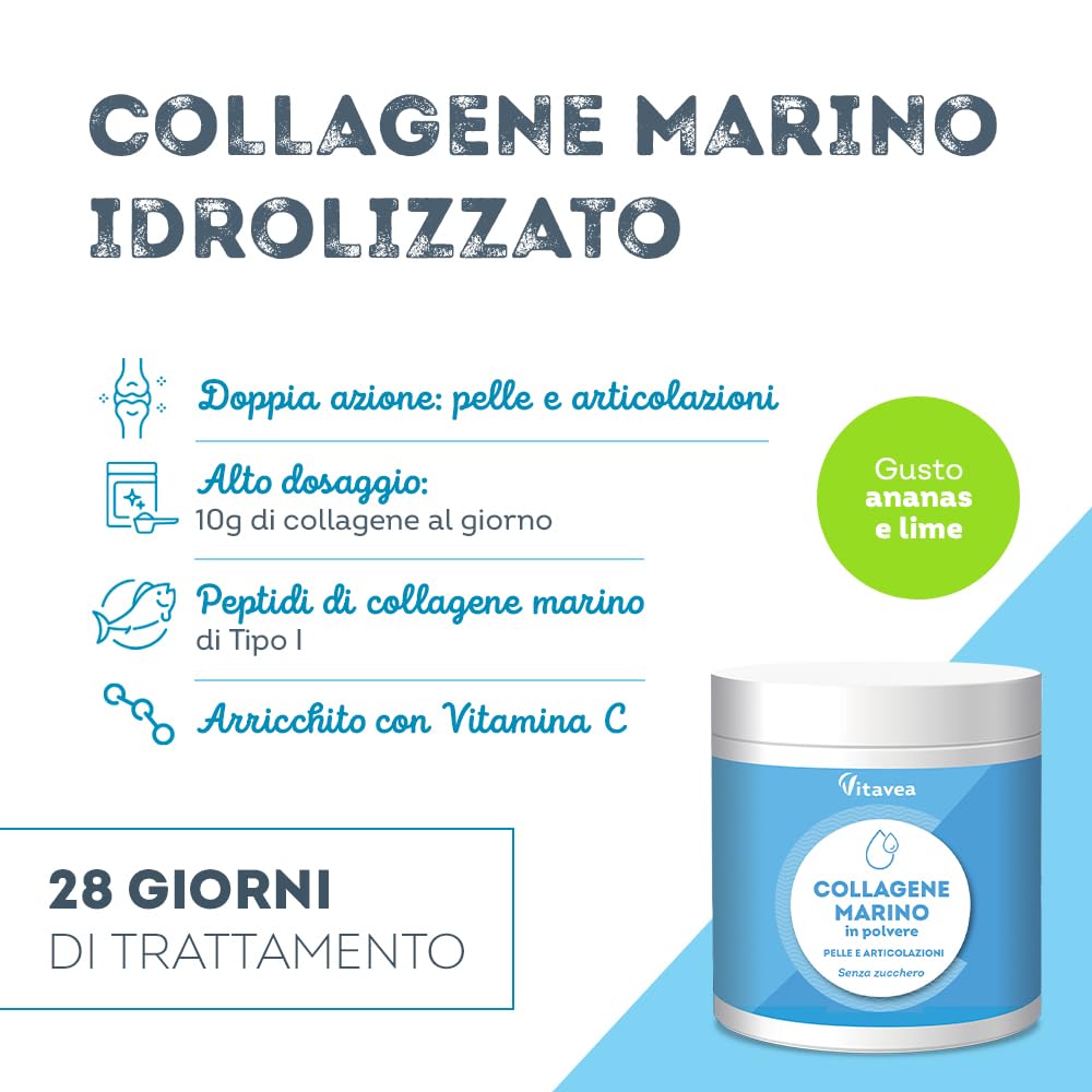 Collagene Marino in Polvere con Vitamina C - 10000 mg Peptidi di Collagene di Pesce - Collagene Idrolizzato - Collagene da Bere - Articolazioni - Anti-Age Pelle - Aroma Limone e Lime - Vitavea