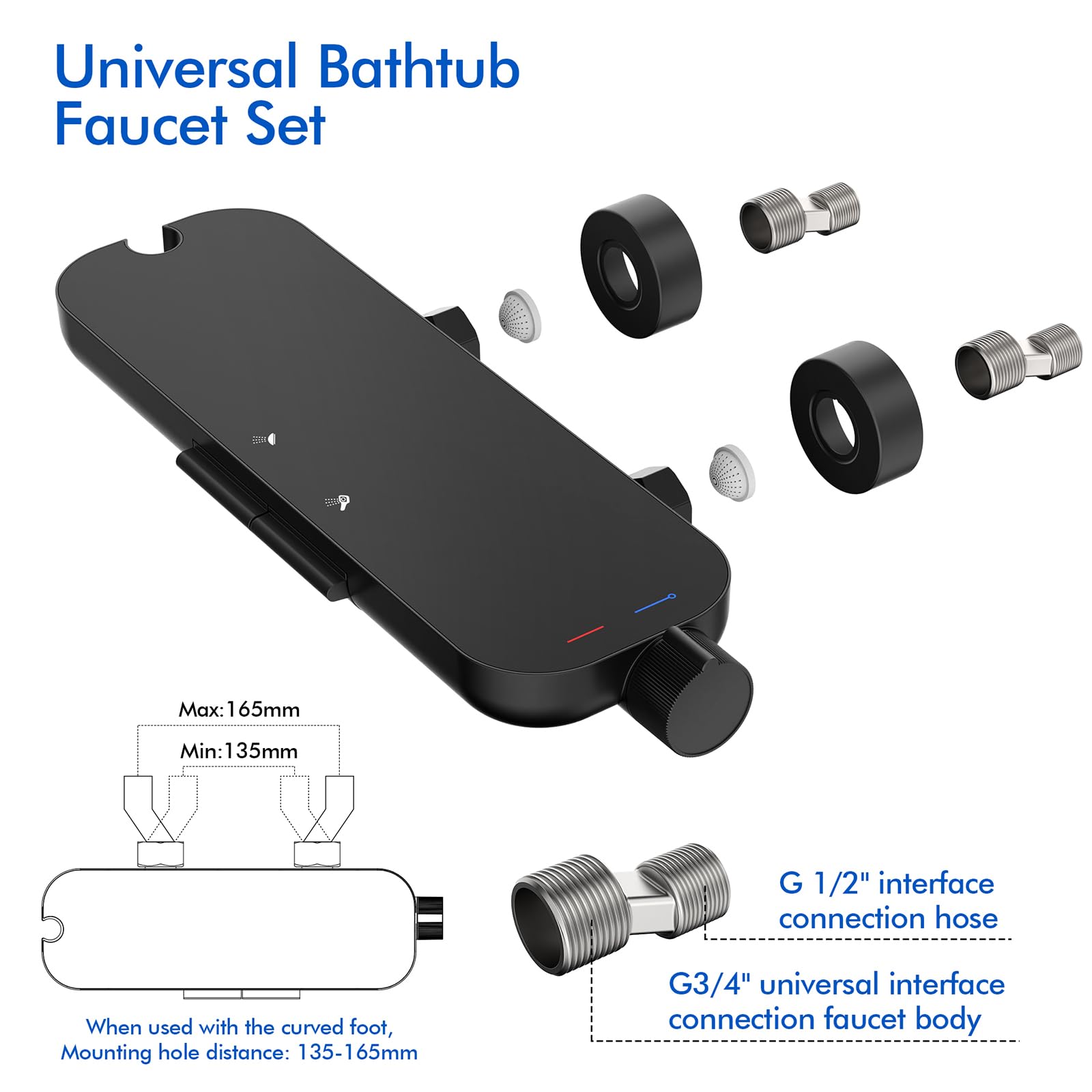HOMELODY Badewannenarmatur schwarz mit Handbrause | 360° drehbarer Auslauf, Badewannenarmaturen mit Duschbrause, Glasablage, 1,5 m PVC Schlauch, Mischbatterie zur Wandmontage