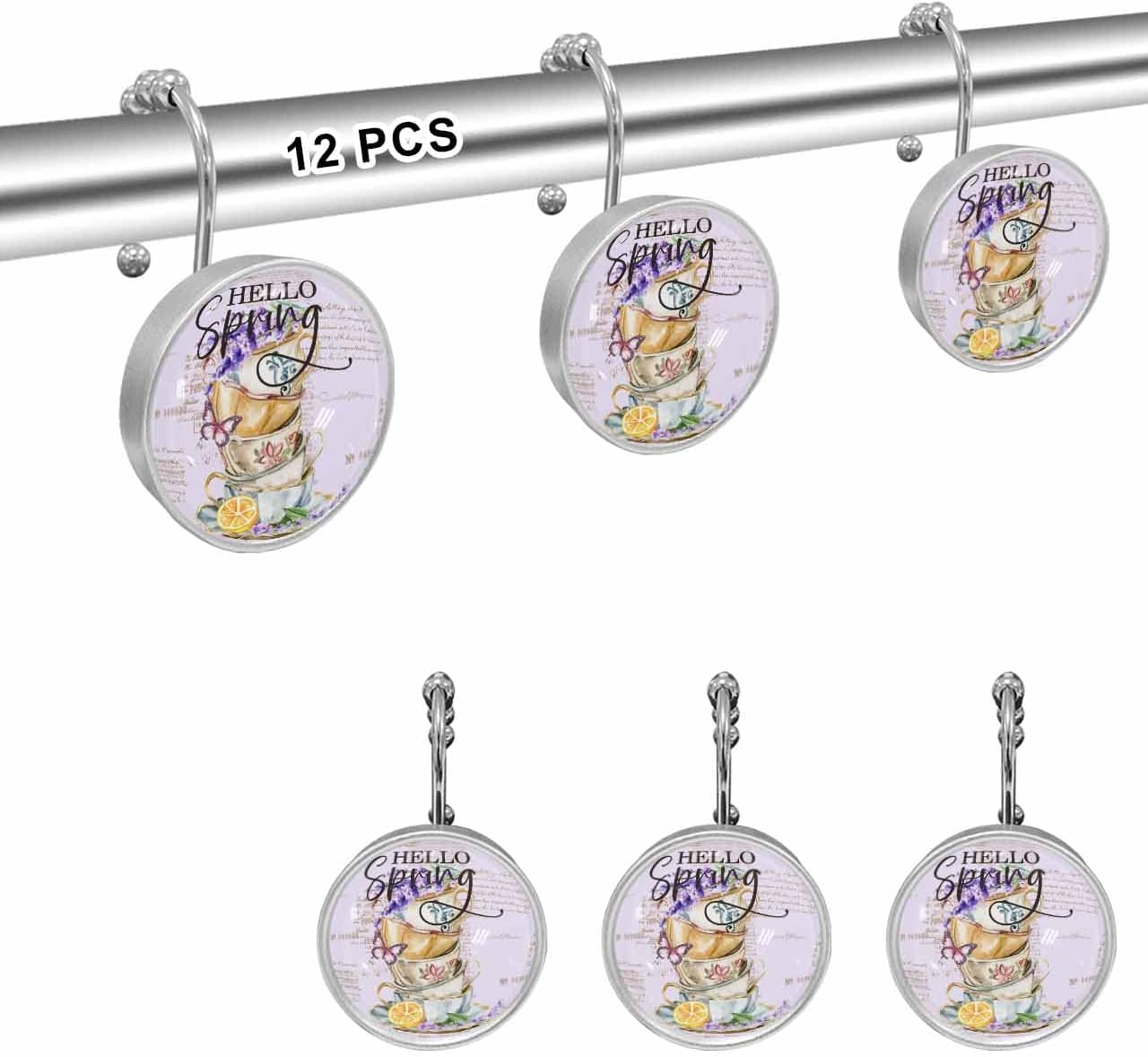 Shower Curtain Hooks 12 Pcs, Hello Spring Retro Tea Cup Lavender Flowers Butterfly Purple Stainless Steel Rust Proof Rolling Shower Curtain Rings, Decorative Shower Curtain Hooks Hangers for Bathroom
