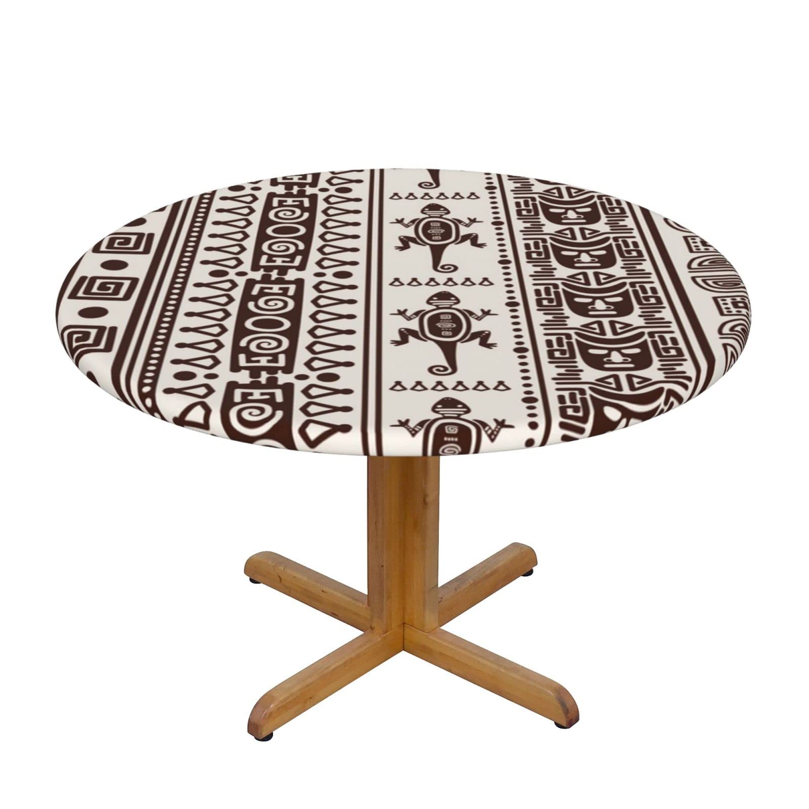 Lsjuee Round Fitted Tablecloth 40-44in Elastic Edged Table Cloth for Kitchen Dining Party Home Decor - Brown Beige Tribal Texture Symbol