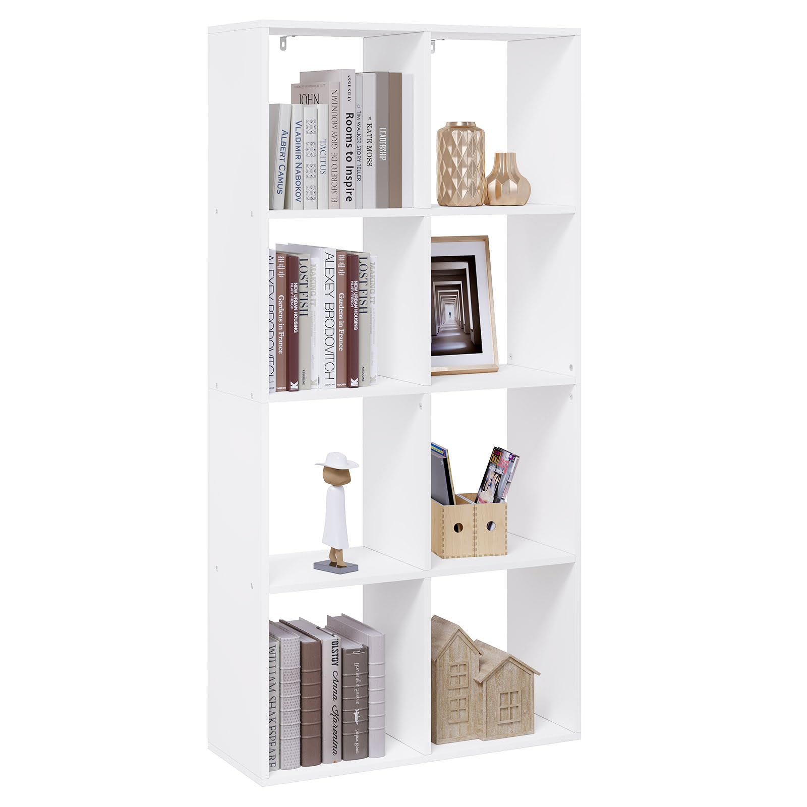 WOLTU Bücherregal mit 4 Ebenen, Standregal mit 8 Fächern Kippschutz, DVD-Regal aus Holzwerkstoff, als Raumteiler Aktenschrank, für Wohnzimmer Küche Büro, 71x140.5x29 cm, Weiß