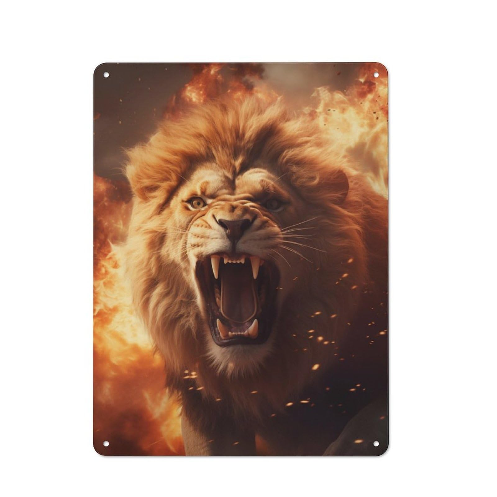 Junmoney Furious Lion Fire Flames Rustic Tin Sign 40X30cm For Living Room Or Hallway, Suited To Living Room Decor Lovers