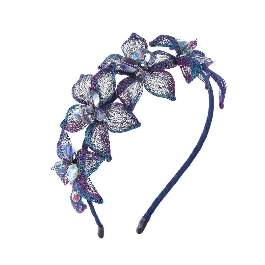 IYOU Alambre de Cobre Diadema Azul Flor Pelo Bandas Cristal Elegante Baile Boda Accesorios para el Cabello para Mujeres