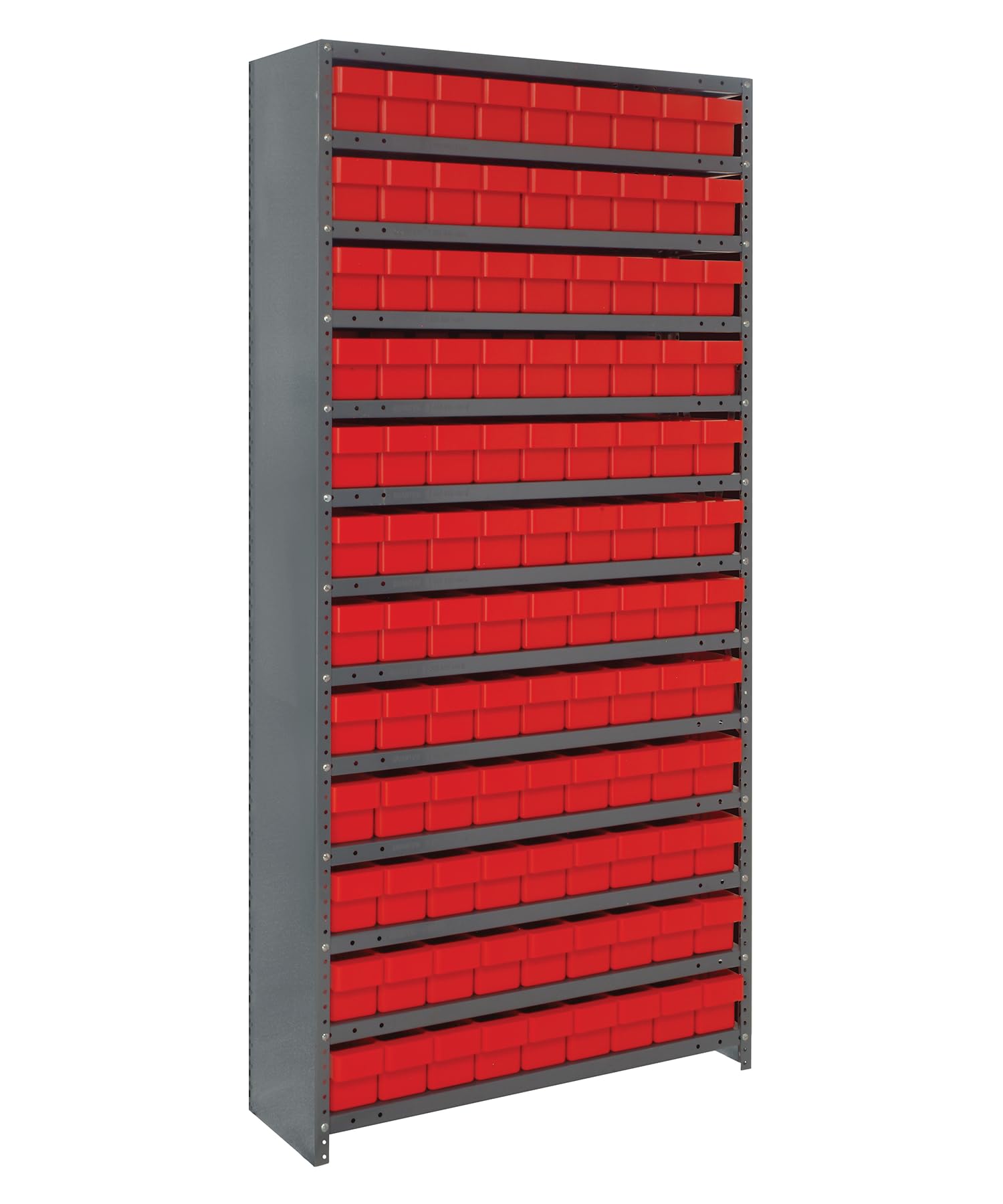 Quantum Storage Systems CL1275-501RD Closed Shelving System with Super Tuff Euro Drawers, 108 QED501 Shelf Bins, 12" D x 36" W x 75" H, Red