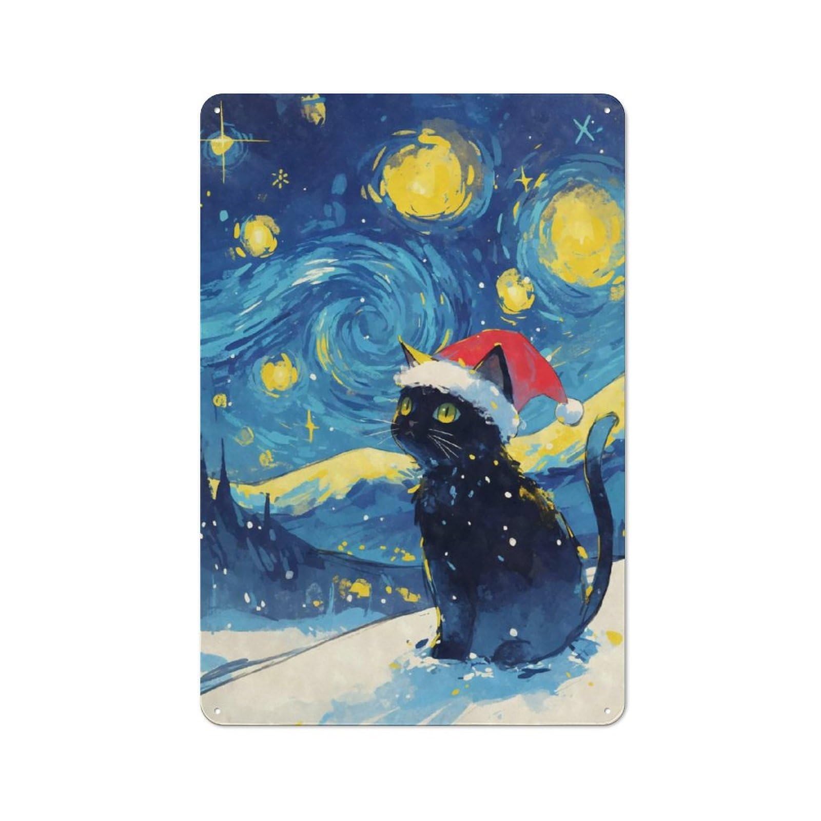 Junmoney Christmas Black Cat Santa Hat Rustic Metal Sign 30X20cm For Lounge Or Reading Corner, For Reading Corner Decorators