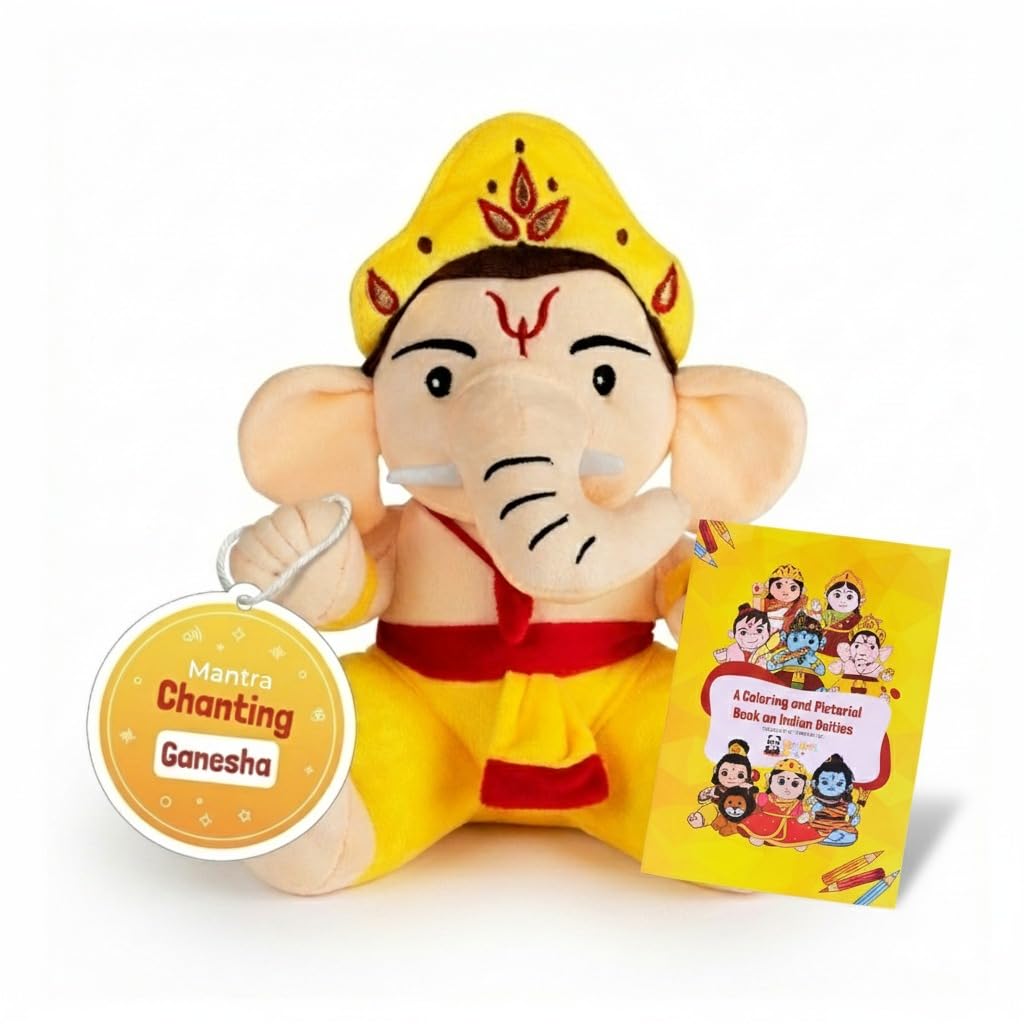 Panda's Box Mantra Chanting Baby Ganesha | Musical Soft Plush Toy | Non-Toxic, Safe| Interactive Stuffed Toys | Best Birthday Gift for Newborn Kids (Boys, Girls) | Free Colouring Book | Medium 28 CM
