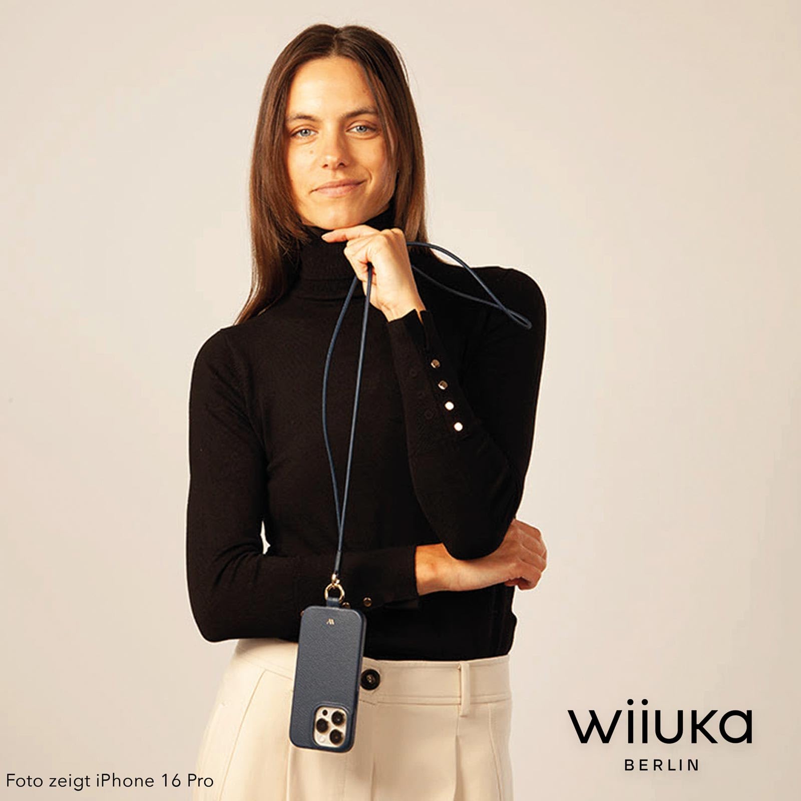 WIIUKA Etui na telefon iPhone 17 Pro Max, skórzane etui z łańcuszkiem na telefon komórkowy, wysokiej jakości etui na telefon komórkowy, etui, łańcuszek do zawieszenia, skiin loop, ciemnoniebieskie