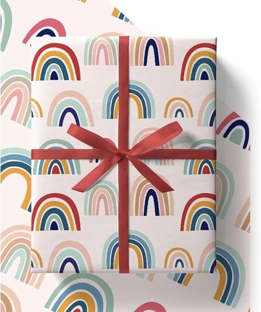 EcoWrap Rainbow Wrapping Paper with Birthday Card and Tags - Eco Friendly Premium Recyclable 84cm x 60cm Gift Wrap in Plastic Free Packaging (4 Sheets & 4 Tags)
