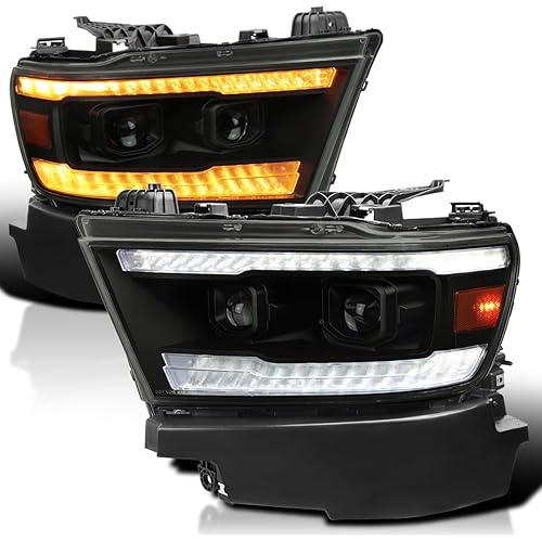 Spec-D Tuning Black Smoke Projector Headlights w/Sequential LED Tube Signal and Startup Animation Compatible with 2019-2024 Ram 1500, Left + Right Pair Headlamps Assembly