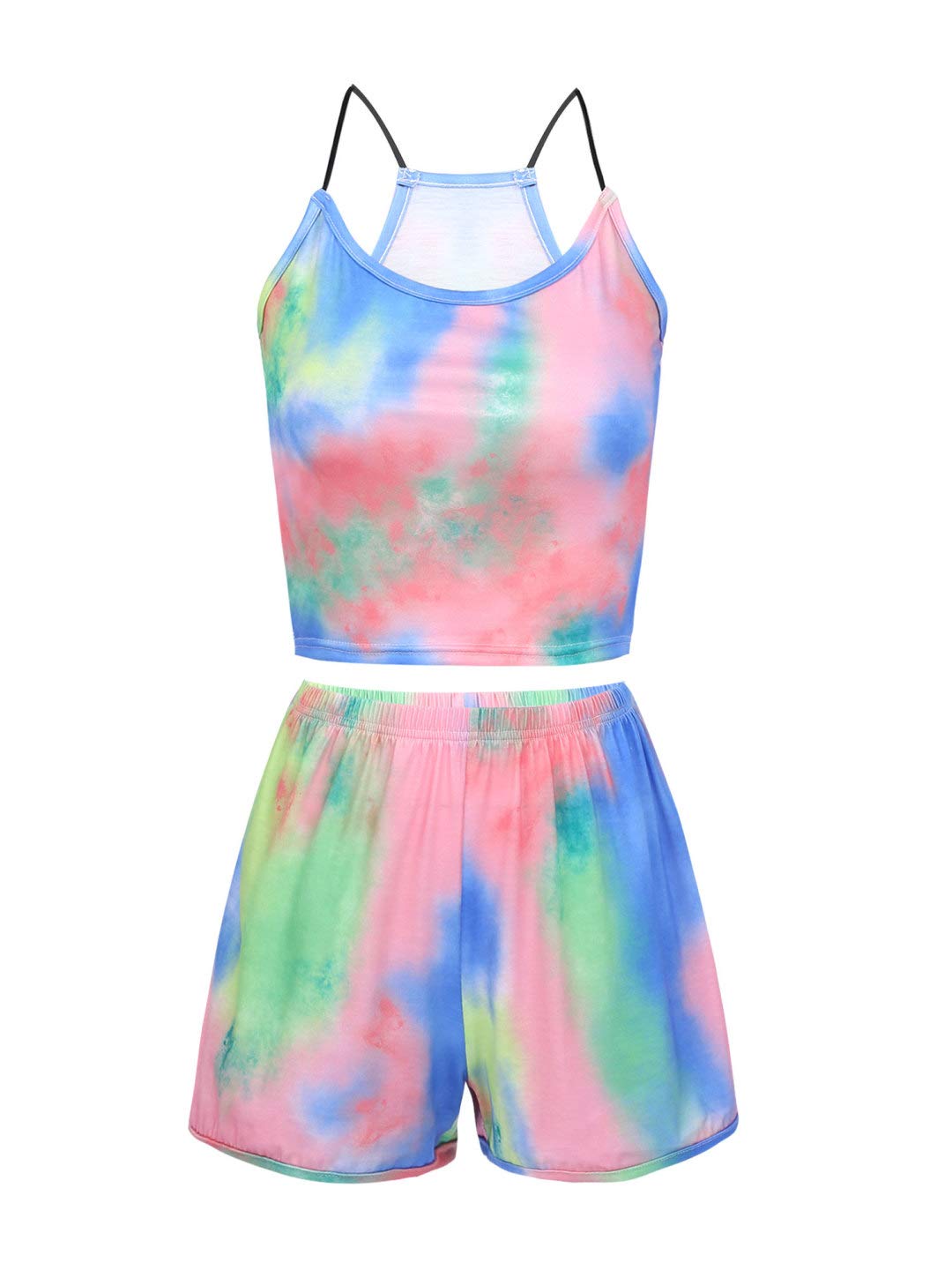 Mufeng Women Tie Dye Print Activewear 2PCS Workout Outfits Shoulder Straps Crop Tops with Yoga Shorts Set Sweatsuit