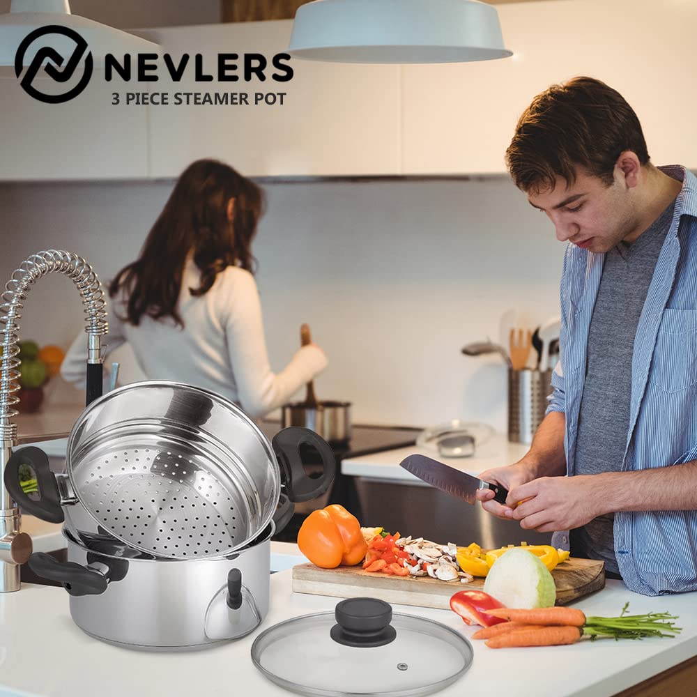 Nevlers 3 Piece Premium Heavy Duty Stainless Steel Steamer Pot Set
