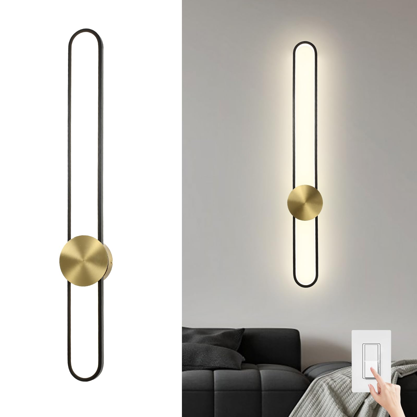 JAYMP Modern Wall Sconce Dimmable LED Wall Light Fixture, Hardwired Wall Lamp for Living Room, Dining Room, Bedroom, Hallway, Lobby, Entryway (Brushed Black, H90cm/35.4inch)