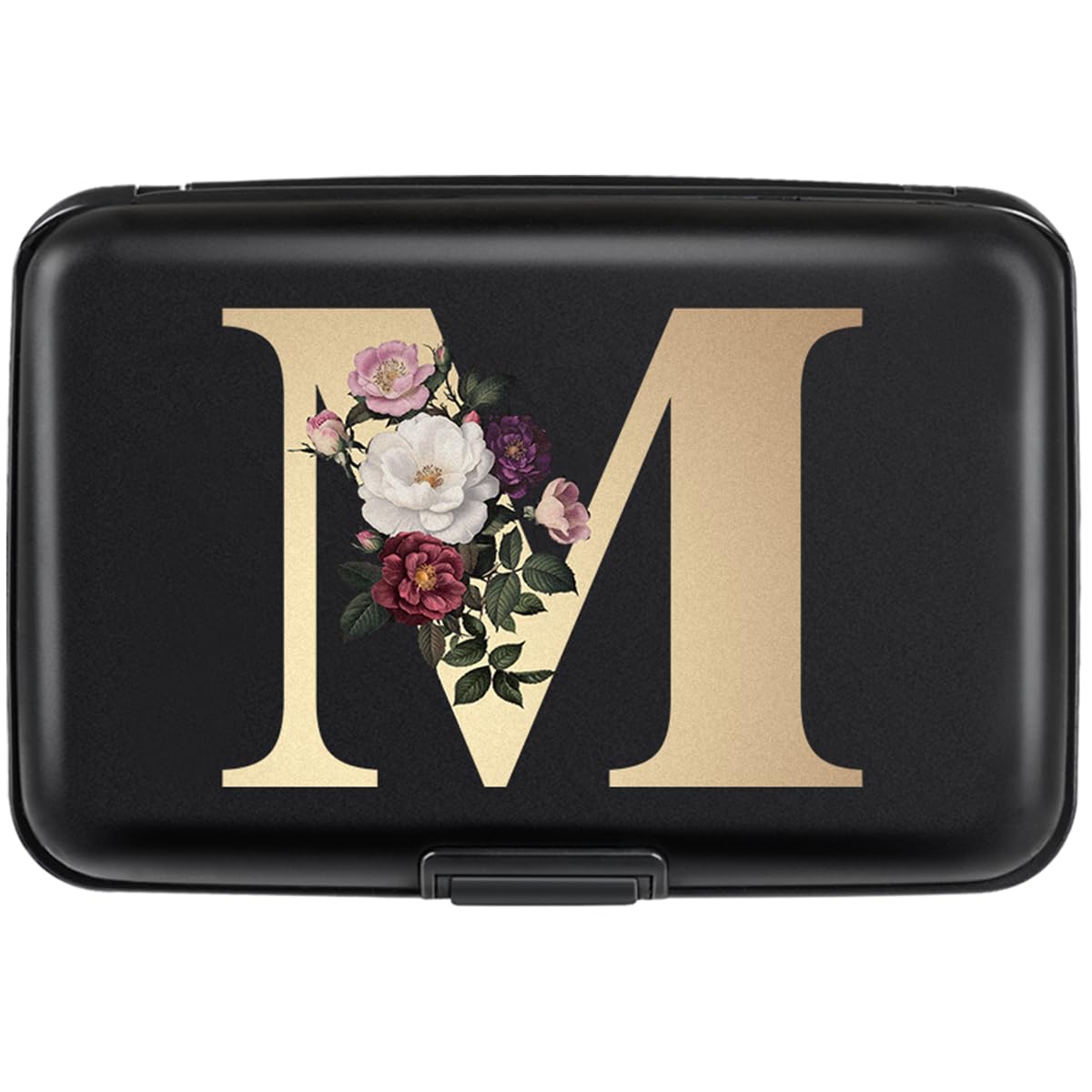 Simikol Credit Card Holder Personalized Initial Letter M Small Aluminum Wallet Rose Flower Card Case RFID Blocking Wallets for Women and Girls, M