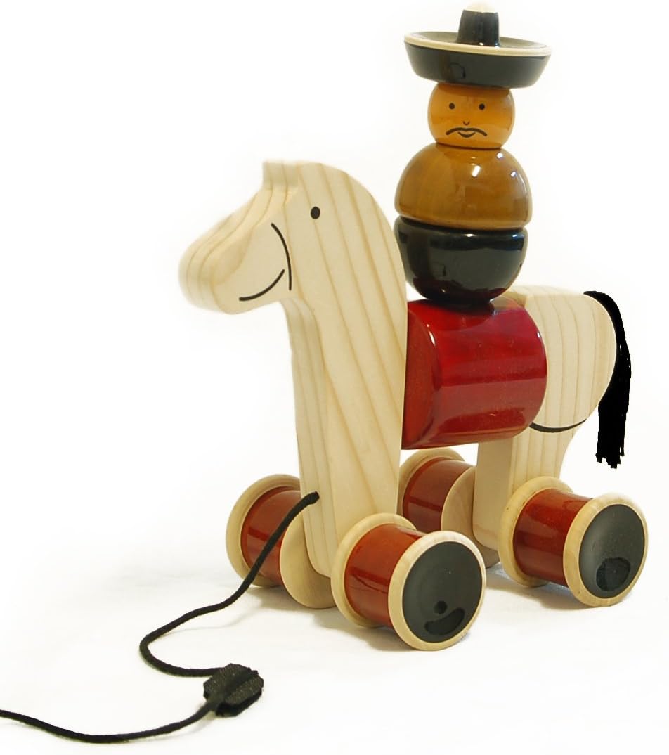 Handmade Wooden Stacker & Pull Toy Rodeo with Galloping Motion, Made Using Natural Colors for Toddlers 18 Months Old and up, Helps in Early Education and Development | HEE HAW