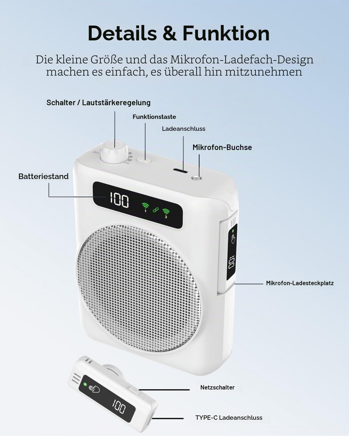 Sprachverstärker mit mikrofon,Sprachverstärker Tragbar mit 2 drahtlosen Lavalier Mikrofons,Kabellos Sprachverstärker Bluetooth, Lautsprecher mit Mikrofon für Lehrer, Reiseleiter, Trainer (weiß‌)