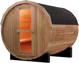 Outdoor Barrel Steam Sauna, 4-6 Person Wood Sauna Room with 6kw Toule Electric Heater with Sauna Stone, Canadian Helmock Wooden Sauna, Sauna Accessories and Asphalt Shingle Roof (Red Ceder)