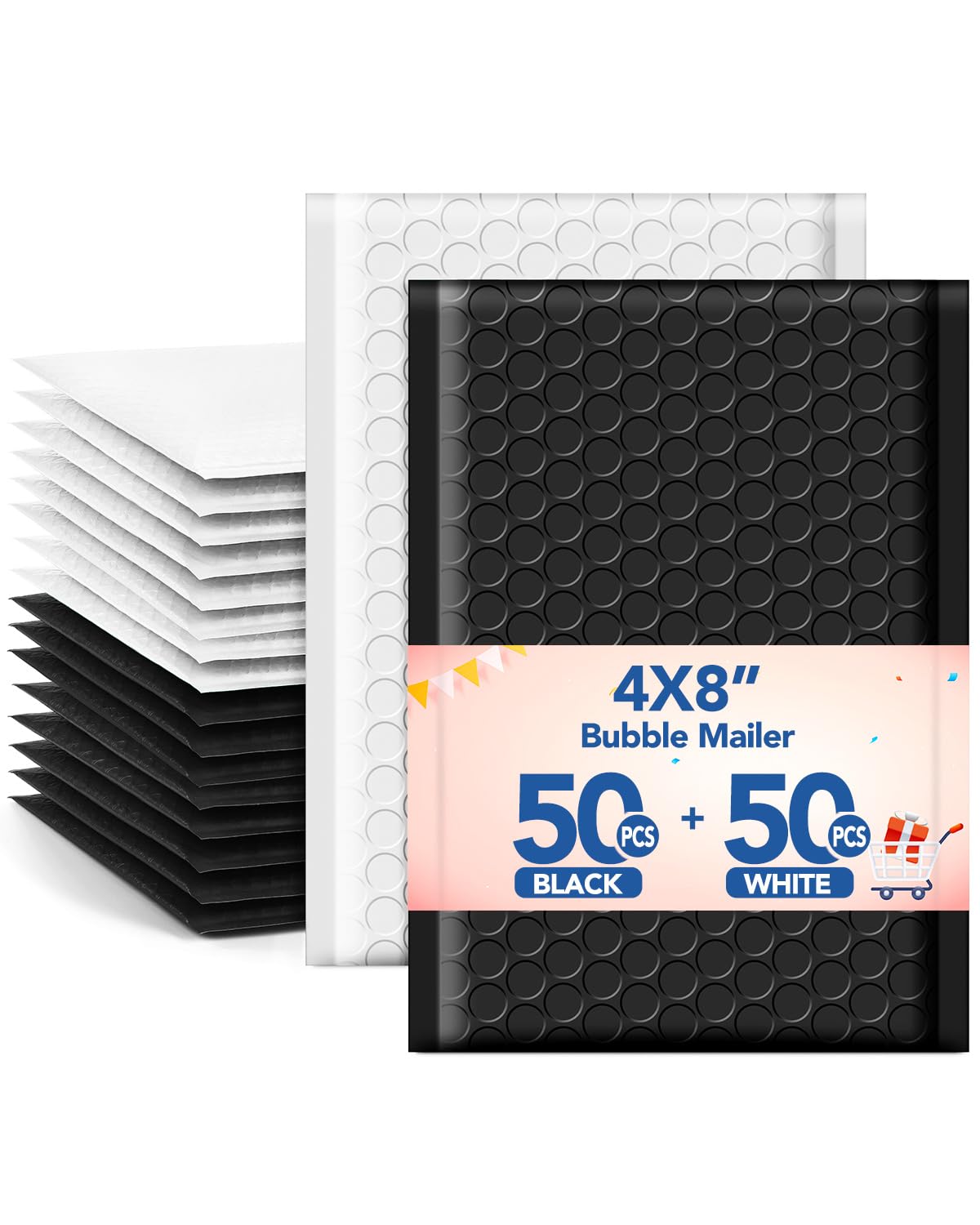 GSSUSA 4X8" Bubble Mailer 100 Pack Small Padded Envelopes Cute Bubble Mailers Strong Adhesion Bubble Shipping Envelopes Self-Seal Envelopes Mailers for Small Business -Mixed Color 50 Black & 50 White