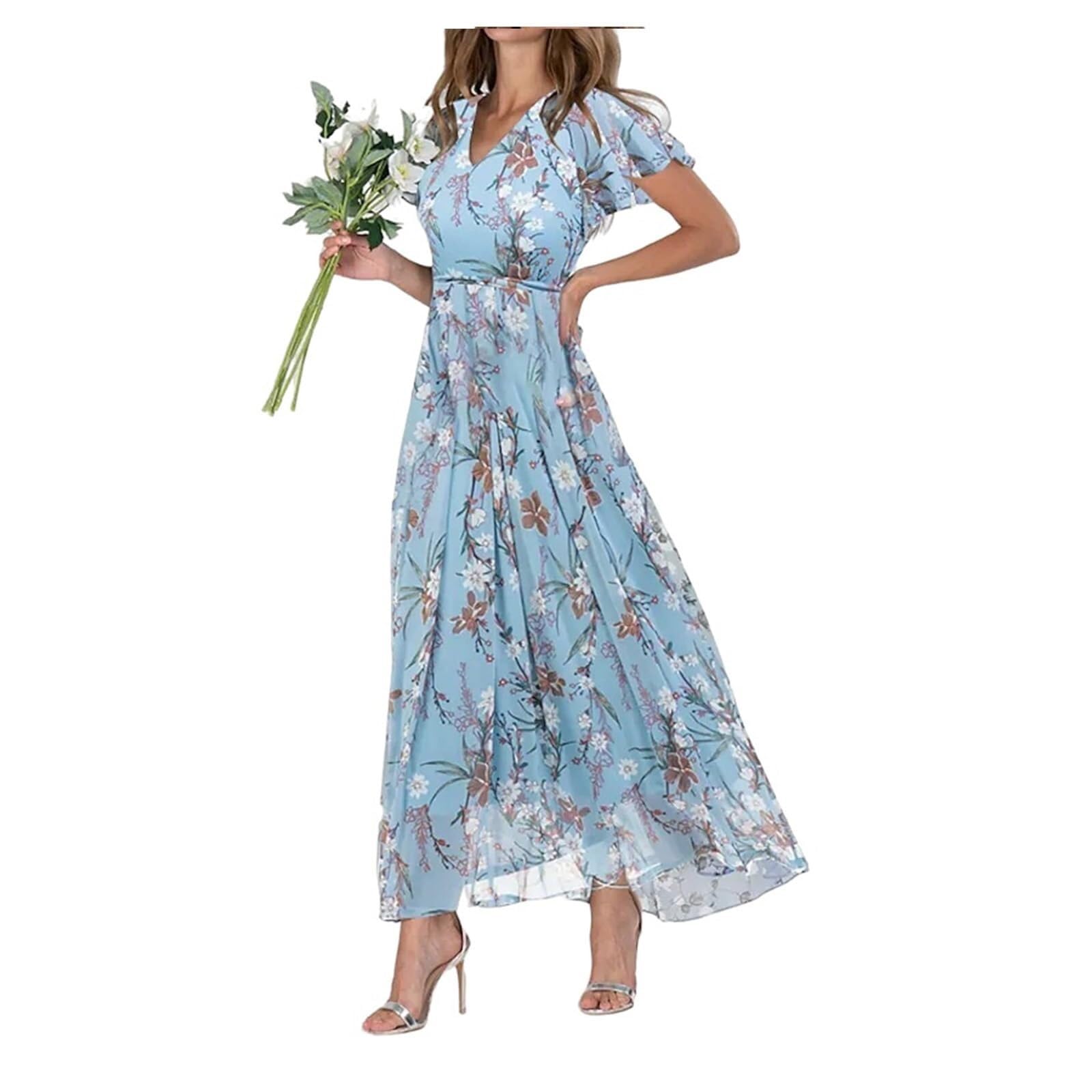 Lockenstab Women's Chiffon Floral Maxi Dress - Summer Elegant Boho Long Flowy Dresses Ruffle Sleeves V Neck Vacation Beach Outfit Wedding Guest Engagement Cocktail Party(Blue,XL)