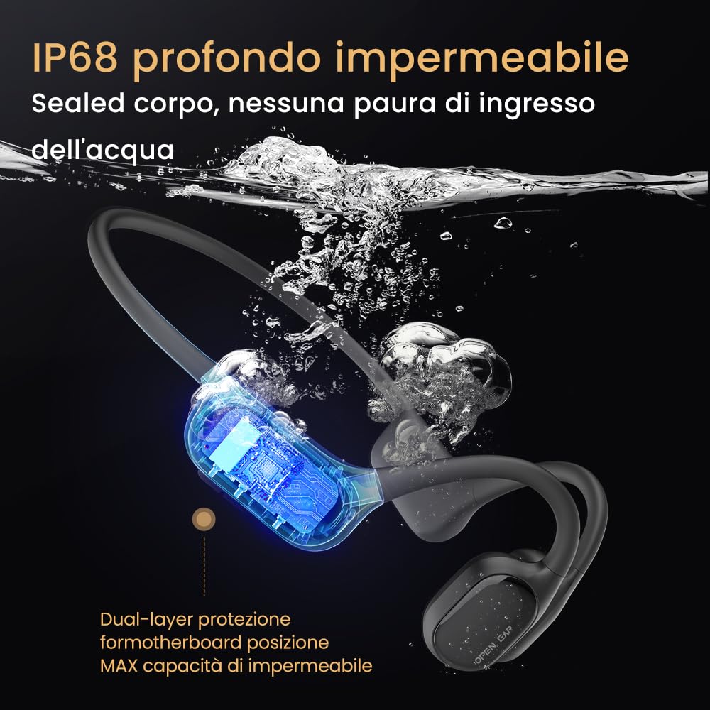 Cuffie a Conduzione Ossea IP68 Impermeabili per Nuoto | Cuffie open-ear, MP3 32GB integrato, BT5.3, IP68, 8h di autonomia, solo 32g per sport