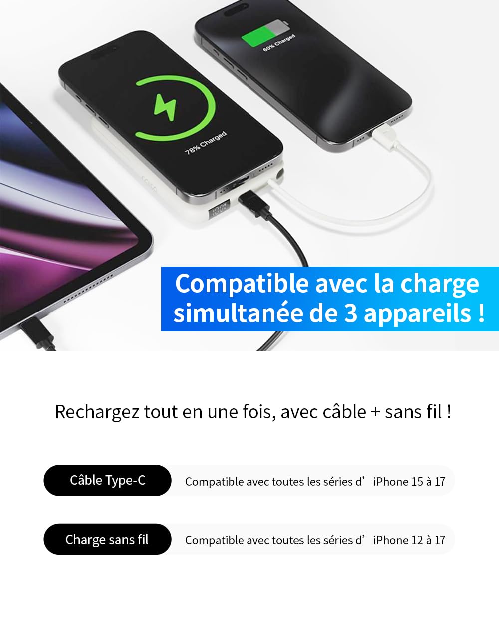 Power Bank Magnétique sans Fil 15000mAh, Support Pliable, Câble Type-C Intégré, Affichage Numérique, Compatible avec Plusieurs Appareils, Batterie Externe Portable(Gris)
