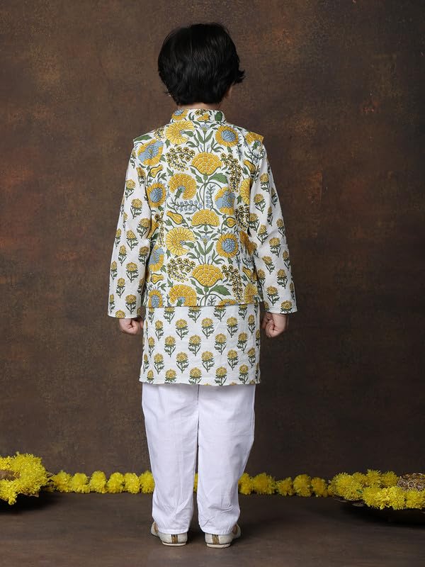 Image of superminis Boys Cotton Printed Full Sleeves Kurta With Ajrakh Printed Jacket and Pyjama Set