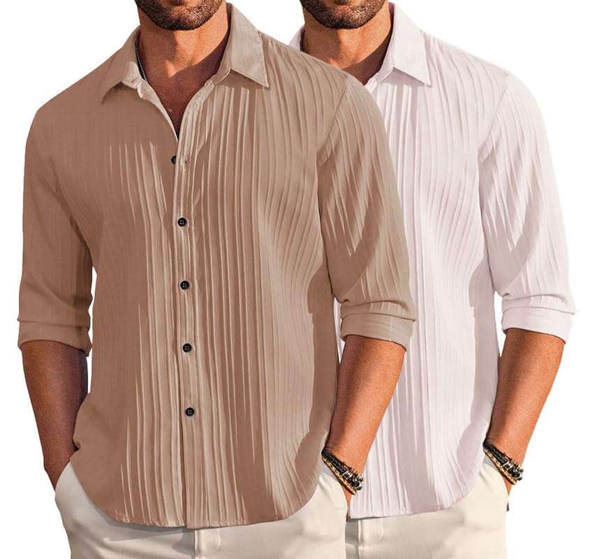 Image of DEELMO Combo of Men's Casual Button Down Shirts Long Sleeve Linen Shirt Fashion Textured Summer Shirts Pack of 2