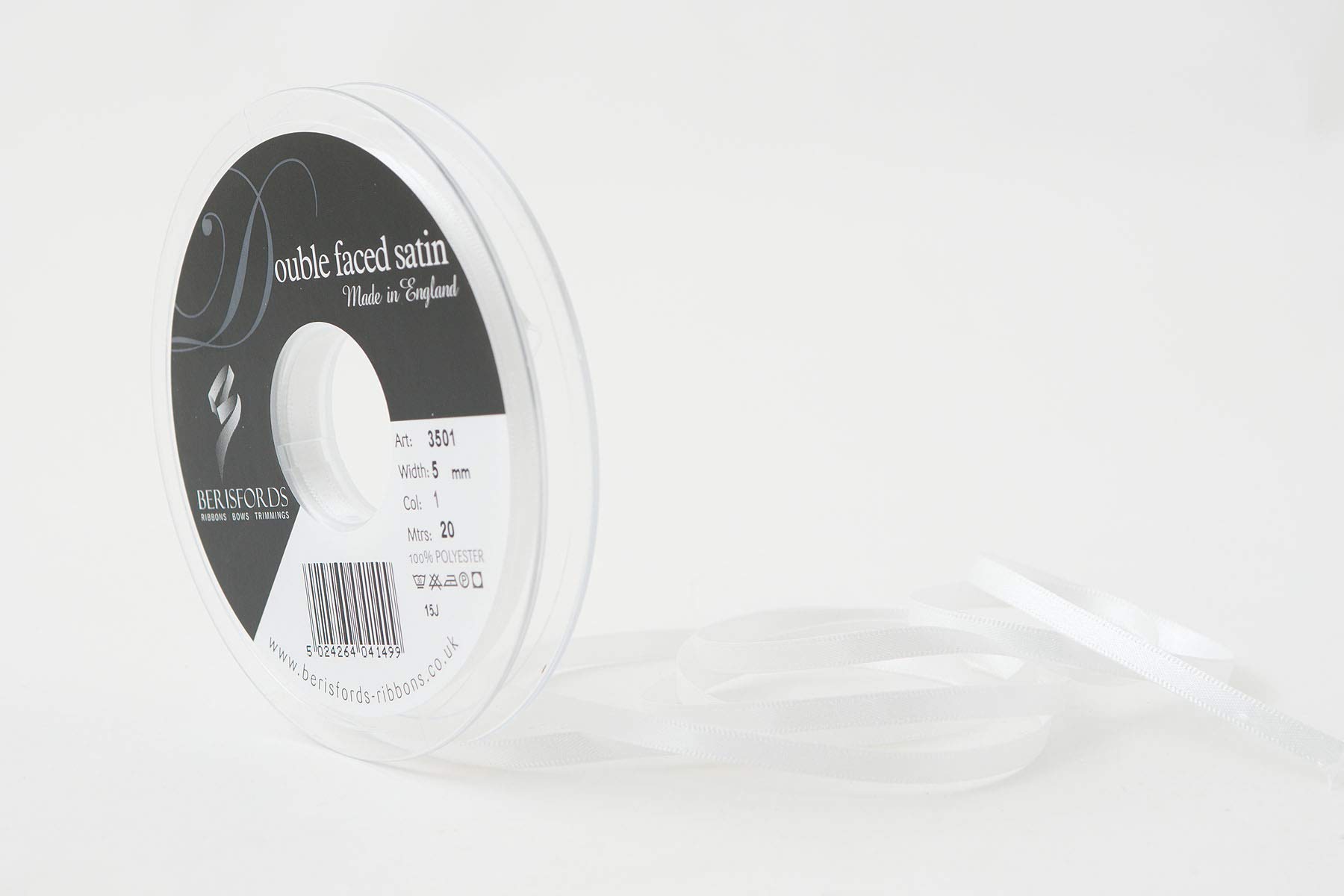 Berisfords Double FACE Poly Satin Ribbon, White, 5 mm